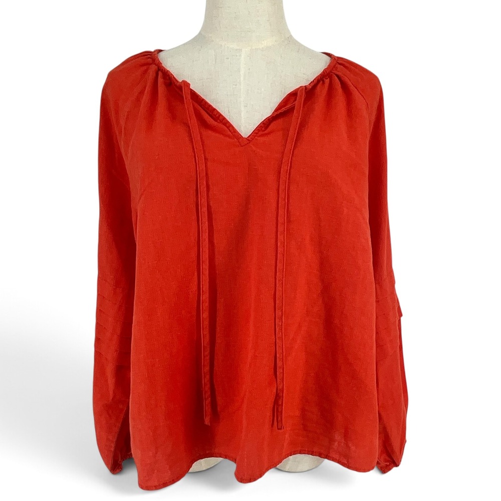 Velvet Heart Womens Red 100% Linen Long Sleeve Pintuck Pleat Peasant Blouse M